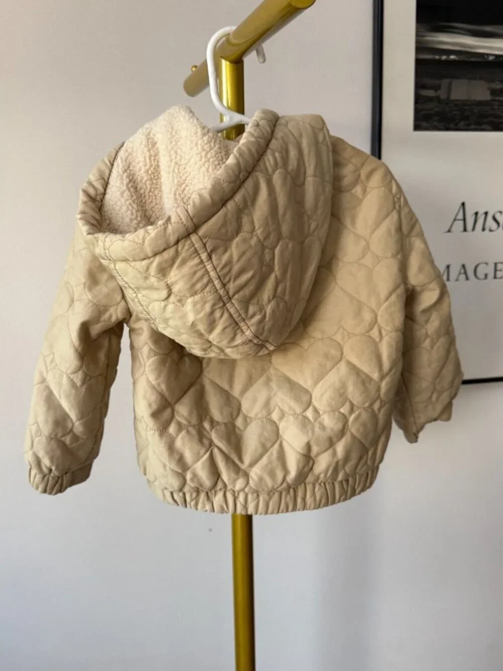 Toddler 3T Quilted Boho Jacket Beige Heart Print Button Up Cotton Lined